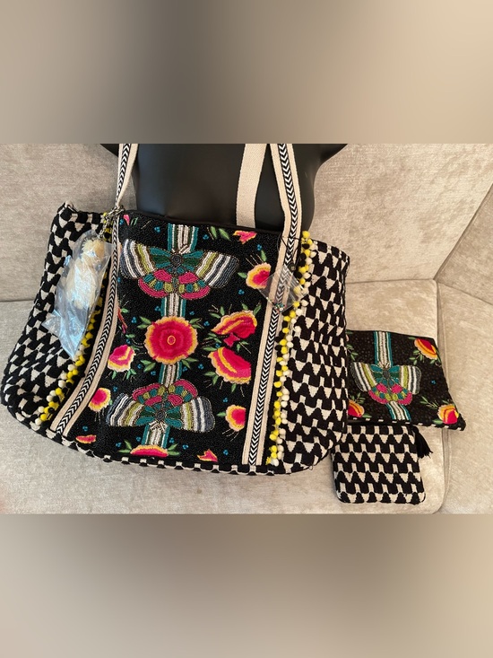 America & Beyond Handbags - NWT America and Beyond Embroidered Black Floral Tote Bag with Accent Pom Trim